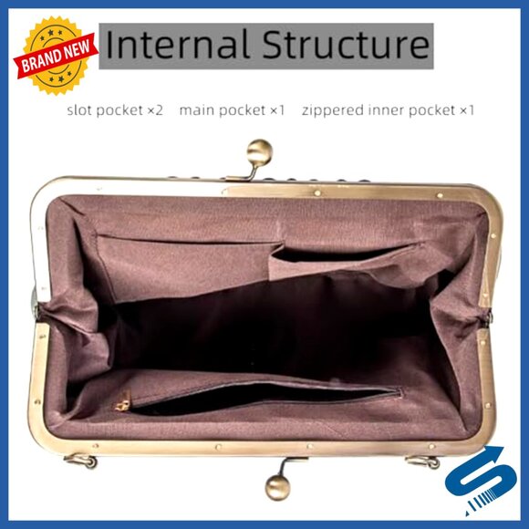 Vegan Leather Satchel with Kiss Lock Closure, Adjustable Strap, 11x8.6 Inches - Picture 6 of 7